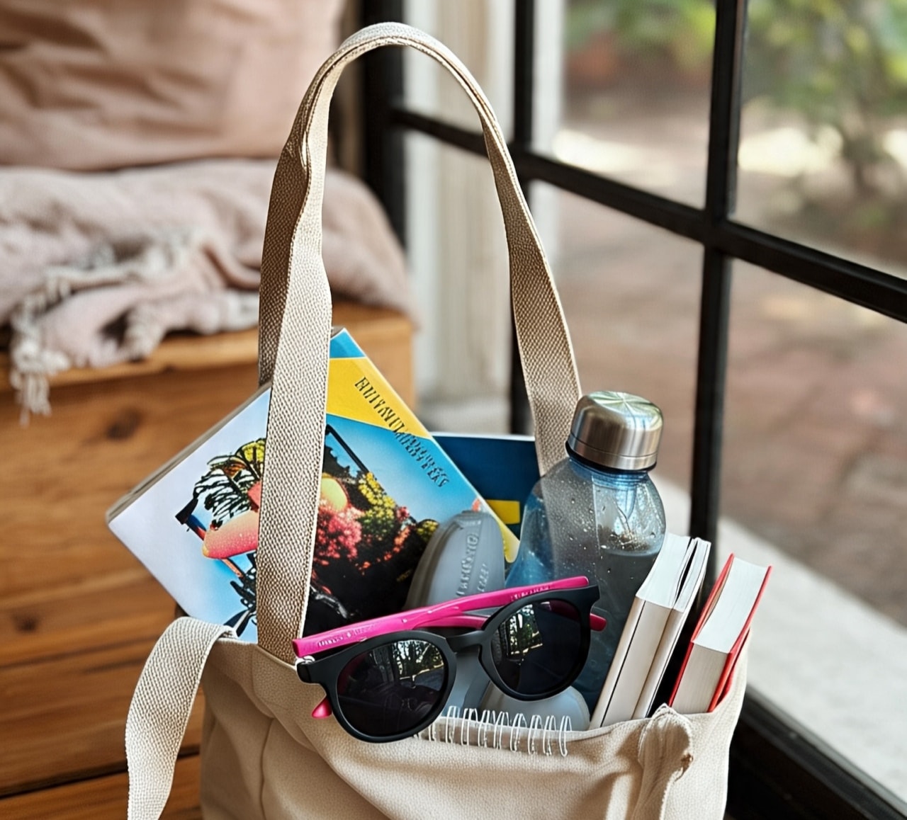 A picture of a cream-colored tote bag containing several books, a water bottle, and a pair of sunglasses, placed neatly on a chair beside a wooden desk.