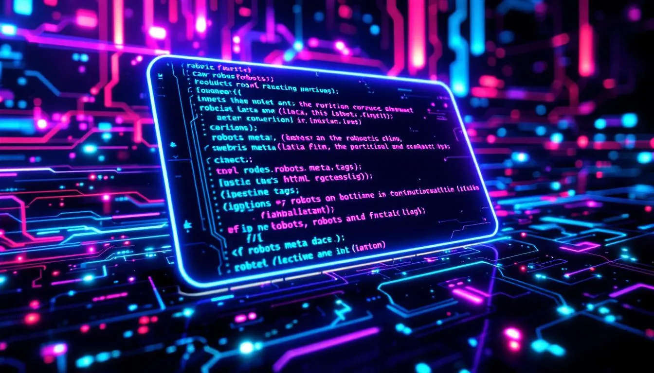A screenshot of a website's HTML code showing robots meta tags implementation.