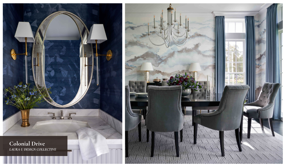 Elegant powder room with marble vanity and blue textured wallpaper alongside a formal dining room with upholstered chairs and statement chandelier.