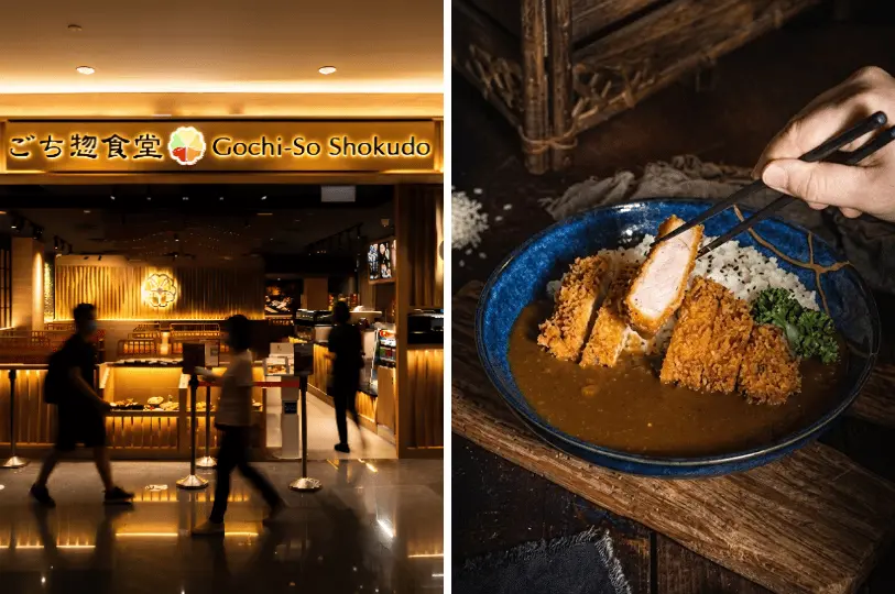 A split photo displaying the warmly lit Gochi-So Shokudo restaurant entrance in a mall on the left, and an action shot of chopsticks lifting a thick, juicy piece of tonkatsu from a blue bowl of Japanese curry on the right.