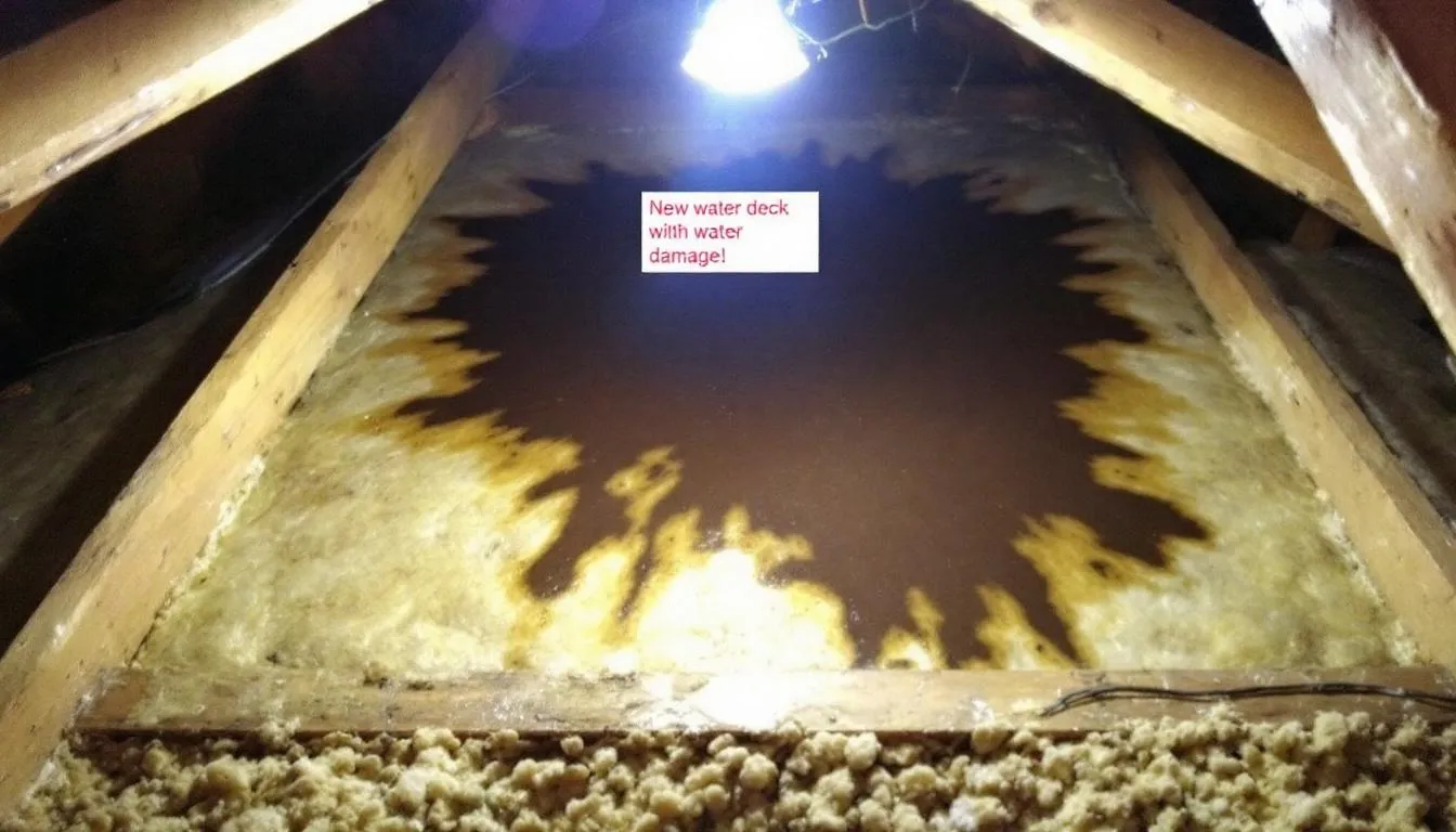 The image shows an attic inspection revealing a new water stain on the roof deck, along with damaged insulation, highlighting key problem areas related to roof leaks. Labels point out signs of water damage, such as wet spots and mold growth, indicating the need for immediate roof repair to prevent further damage.