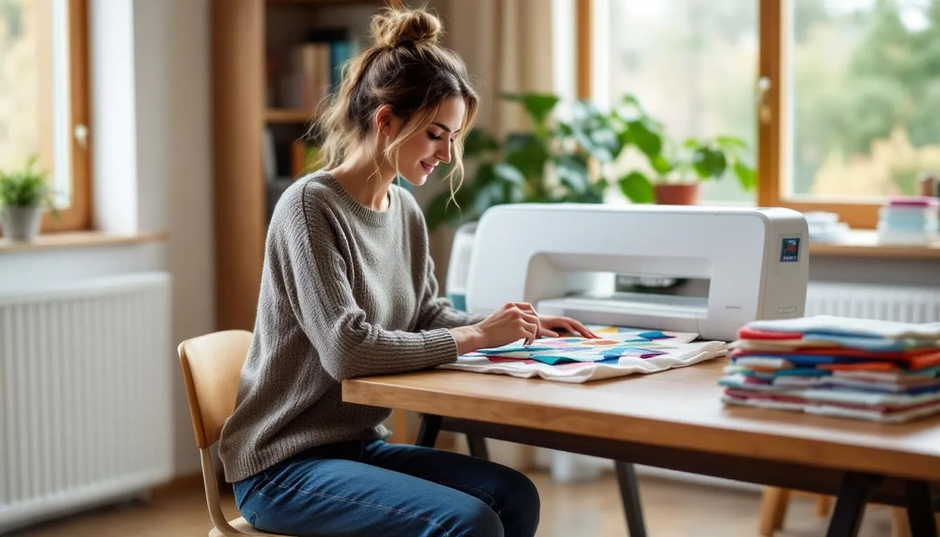 In the image, a person is using a modern quilting sewing machine in their home, showcasing the machine's large throat space and automatic needle threader. The scene captures the intricate process of free motion quilting as they create a beautiful quilt top, surrounded by colorful fabrics and sewing tools.