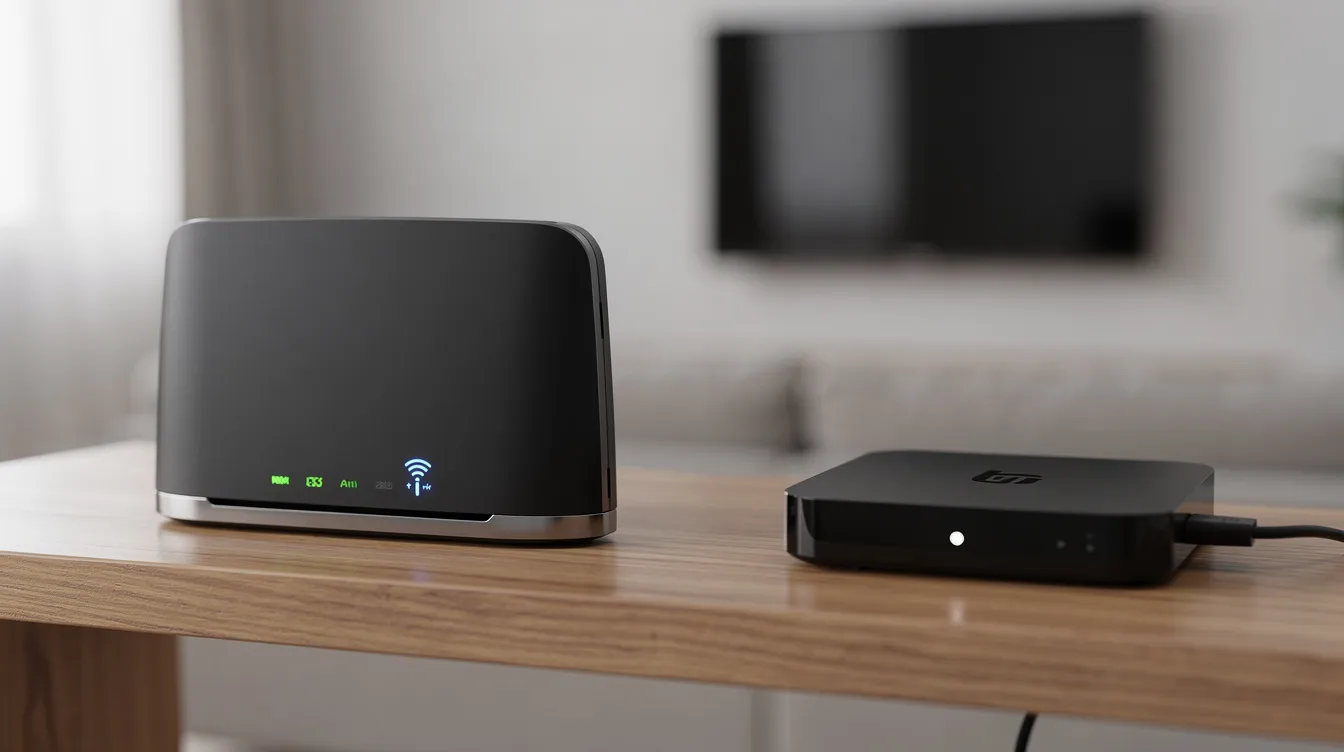 The image features a modern wireless router with glowing LED indicators, positioned next to a streaming device on a shelf, showcasing a setup ideal for accessing IPTV services and live TV channels. This arrangement highlights the importance of a reliable internet connection for optimal streaming quality and device compatibility.