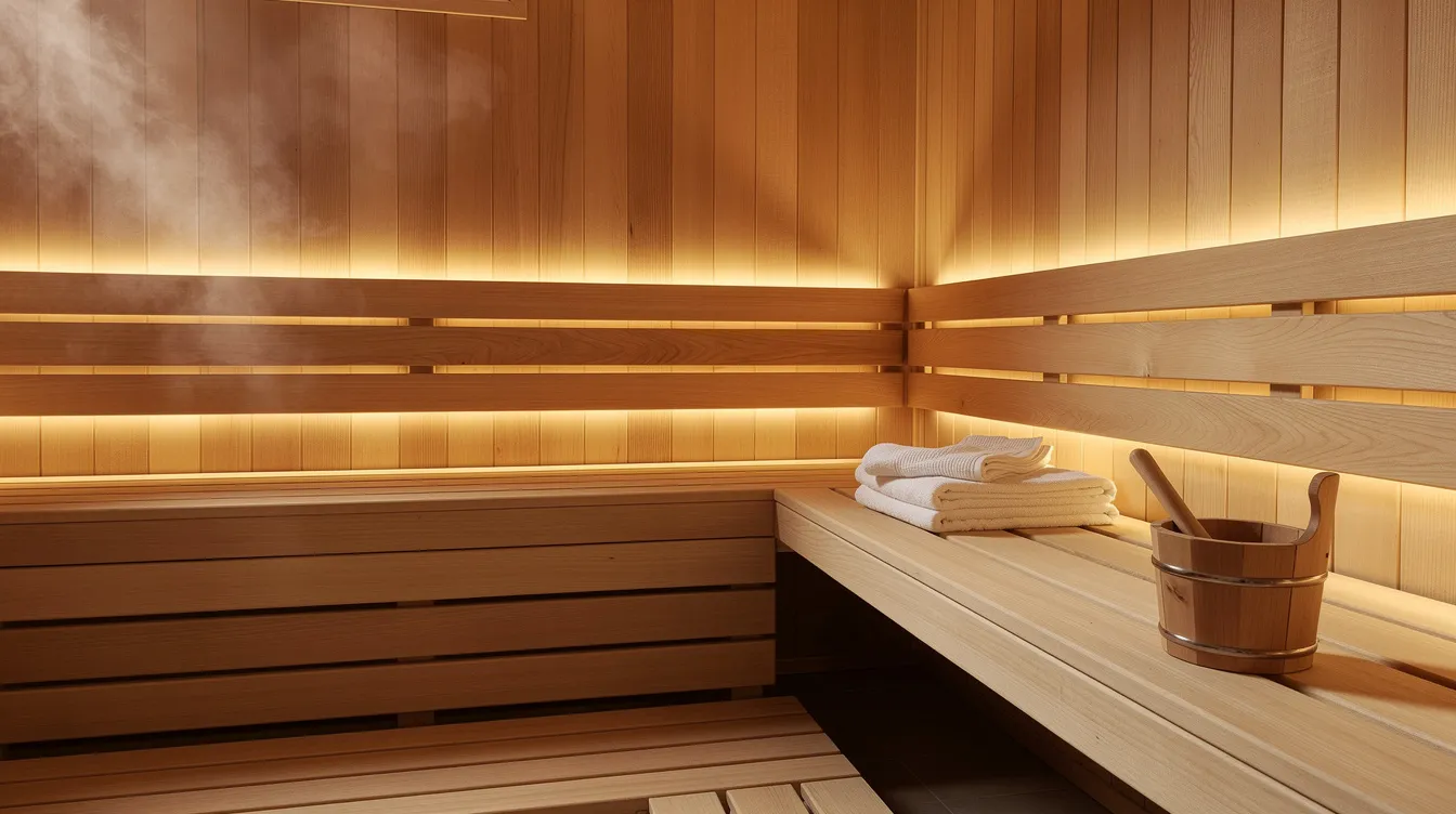 The image depicts a serene sauna interior featuring warm wood tones and soft ambient lighting, creating a relaxing atmosphere ideal for stress relief. It serves as a reminder for pregnant women to consult healthcare providers about sauna use during pregnancy, as maintaining a safe core body temperature is crucial for fetal development and avoiding potential risks like neural tube defects.