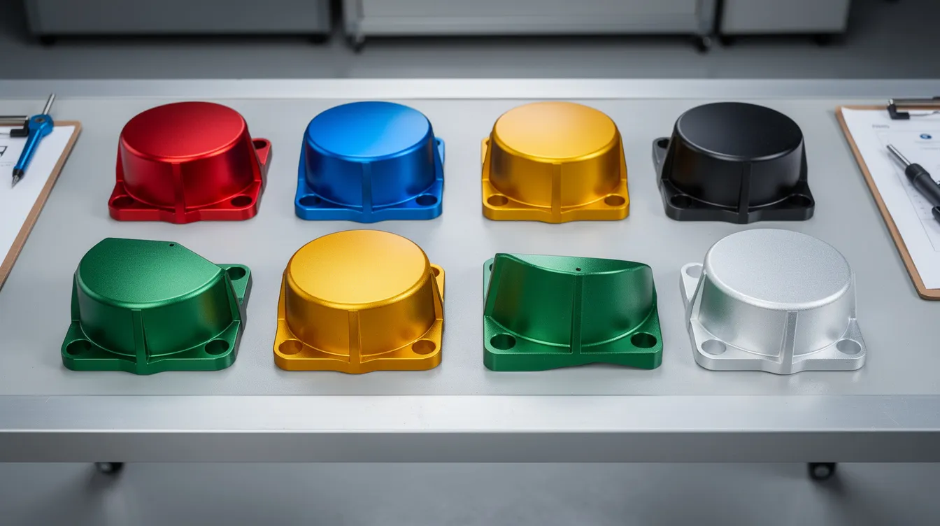 The image depicts a variety of anodized aluminum die cast parts in different colors neatly arranged on an inspection table, showcasing the precision and surface treatment quality typical of the aluminum die casting process. These parts highlight the advanced die casting machines used in mass production and the aesthetic appeal of aluminum castings.