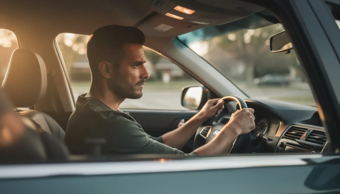 A contemplative man sits in a parked car, hands resting on the steering wheel, bathed in the warm afternoon light. His expression reflects the emotional journey of fatherhood, embodying the wisdom and strength often sought in prayers for fathers.