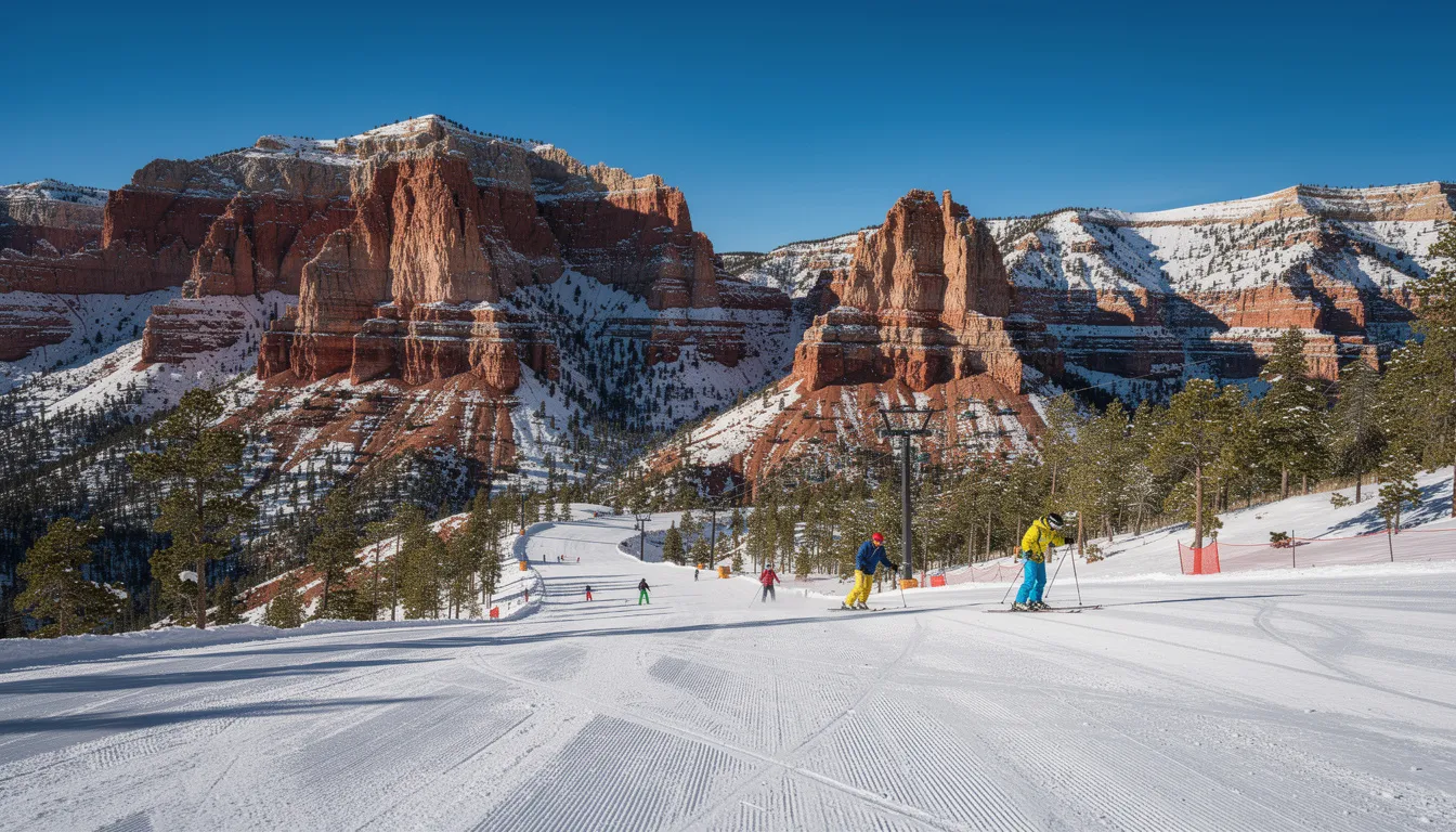The image depicts the Brian Head ski slopes, showcasing skiers and snowboarders navigating the snowy terrain, with striking red rock formations in the background under a clear blue winter sky. This picturesque scene highlights one of Utah's best ski resorts, perfect for a winter vacation in southern Utah.