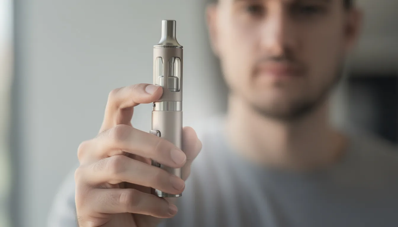 Eine Person hält einen Vaporizer in der Hand, während der Hintergrund unscharf ist. Der Fokus liegt auf dem Gerät, das oft von Cannabis-Enthusiasten verwendet wird, um die Aromen und Wirkstoffe von Cannabispflanzen schonend zu genießen.