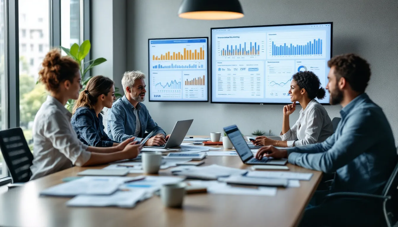 A diverse team of employees collaborates on financial planning, surrounded by charts and documents, emphasizing the importance of cash flow and expense tracking for small businesses. They utilize tools and strategies to manage their time effectively, aiming to accomplish tasks that enhance their financial health and reduce stress.