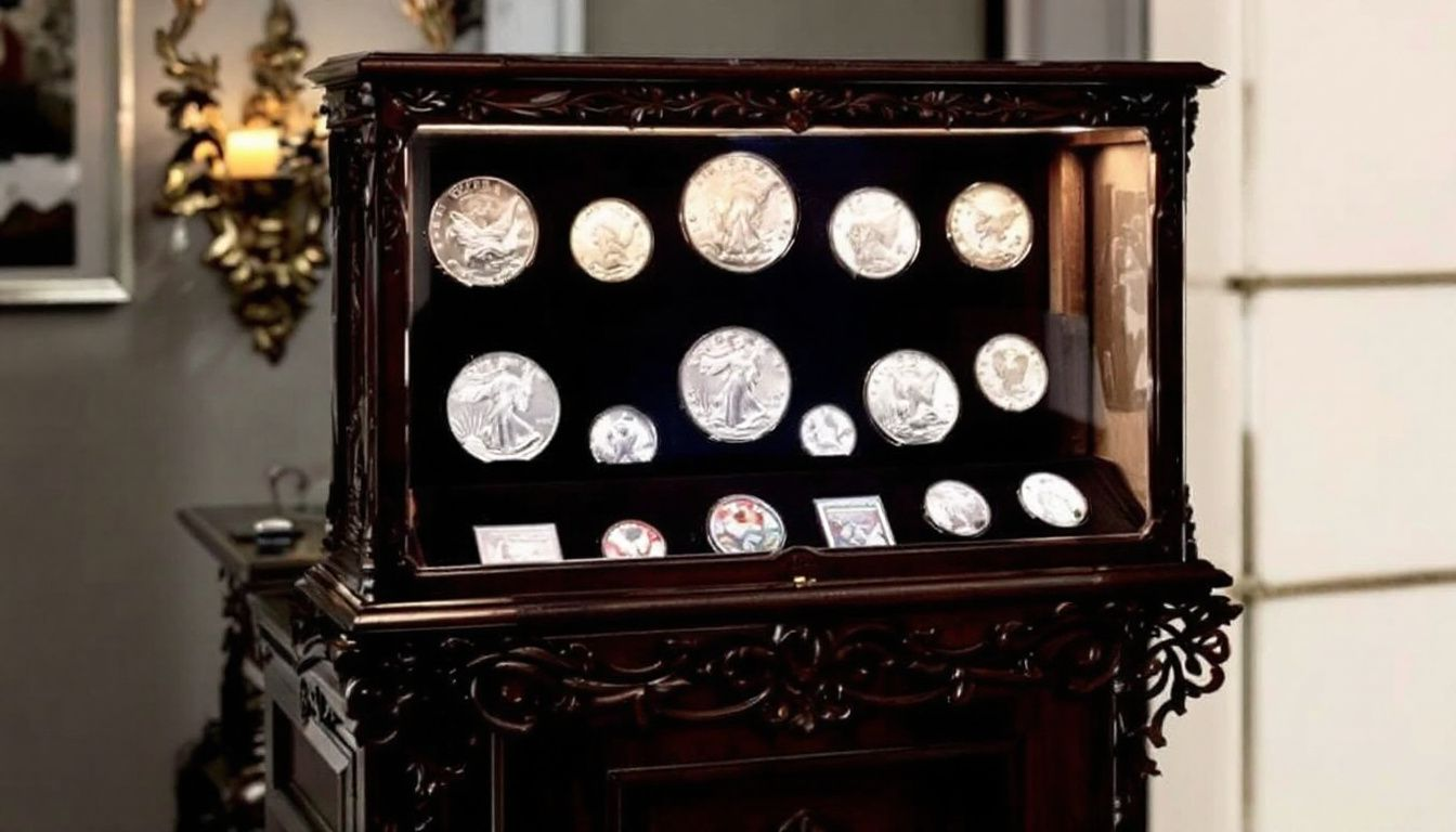 A display of collectible 1 ounce silver coins, including low-mintage editions.