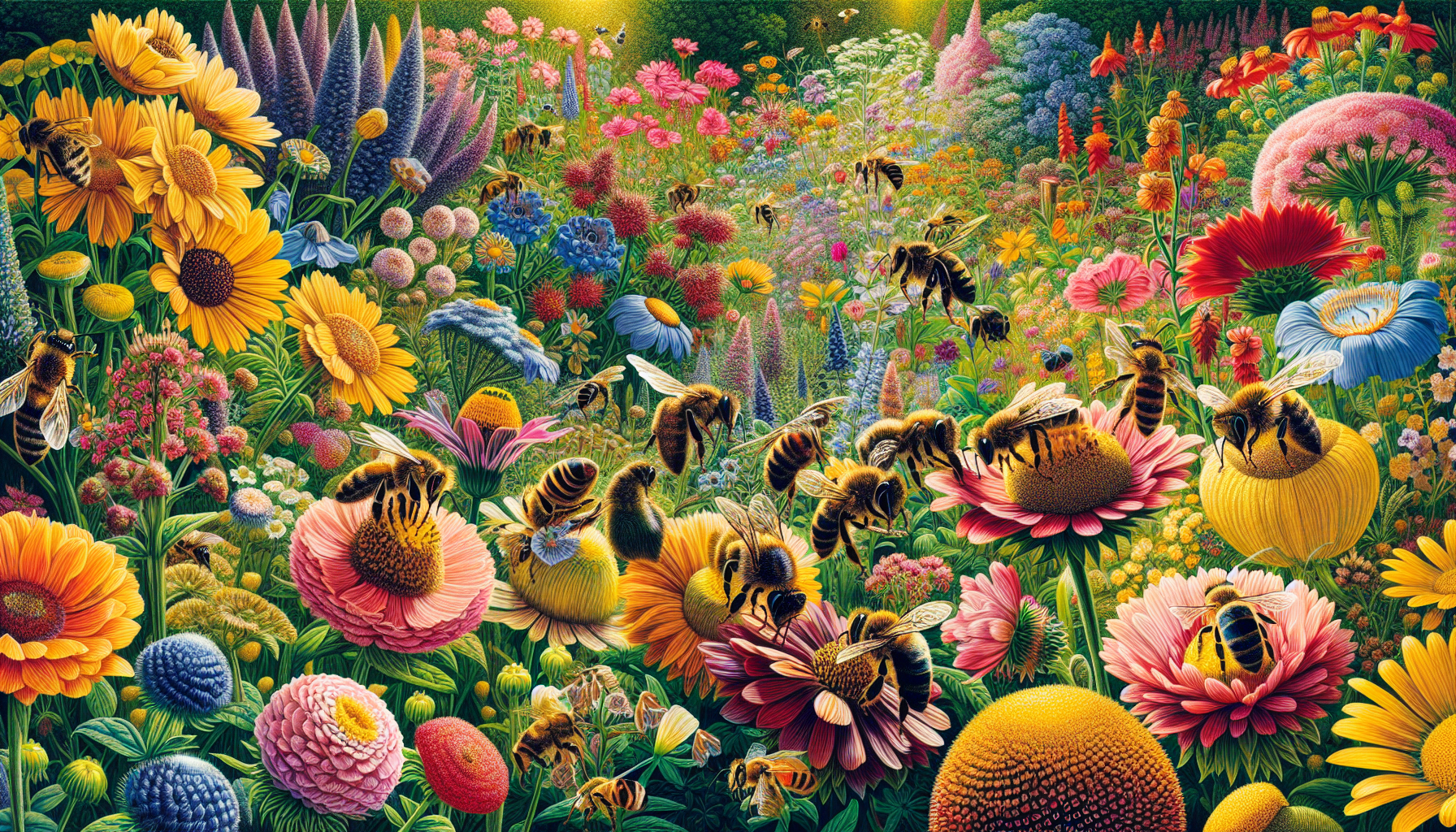 Illustration of a bee-friendly garden with nectar-rich flowers and wild plants