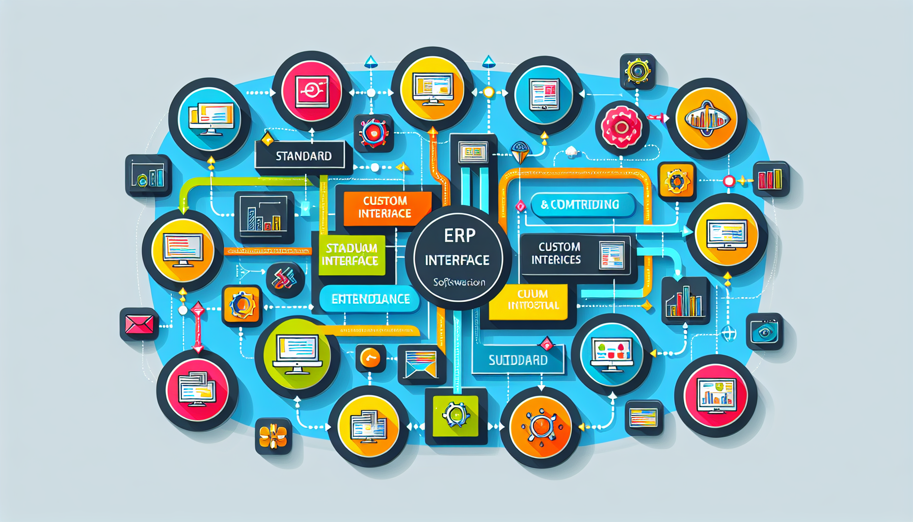 Illustration der verschiedenen Arten von ERP-Schnittstellen, einschließlich Standard- und individueller Schnittstellen.