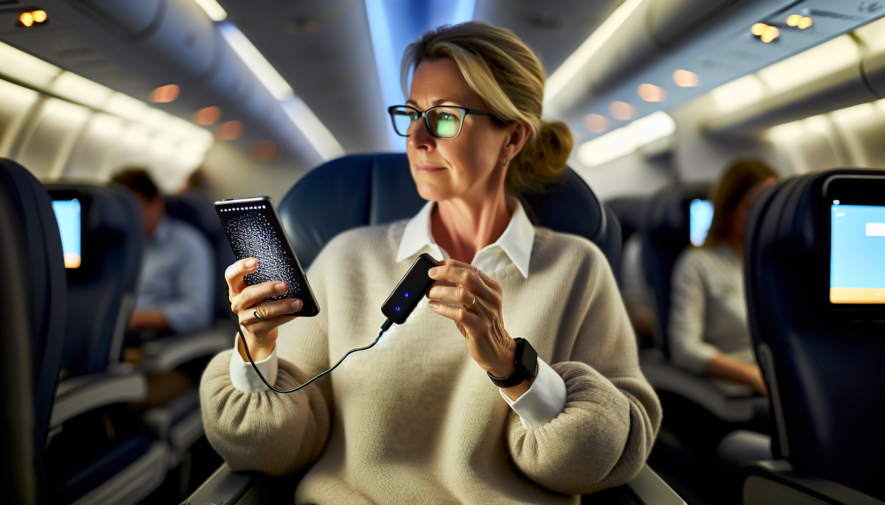 A person charging their smartphone mid-flight using a portable charger