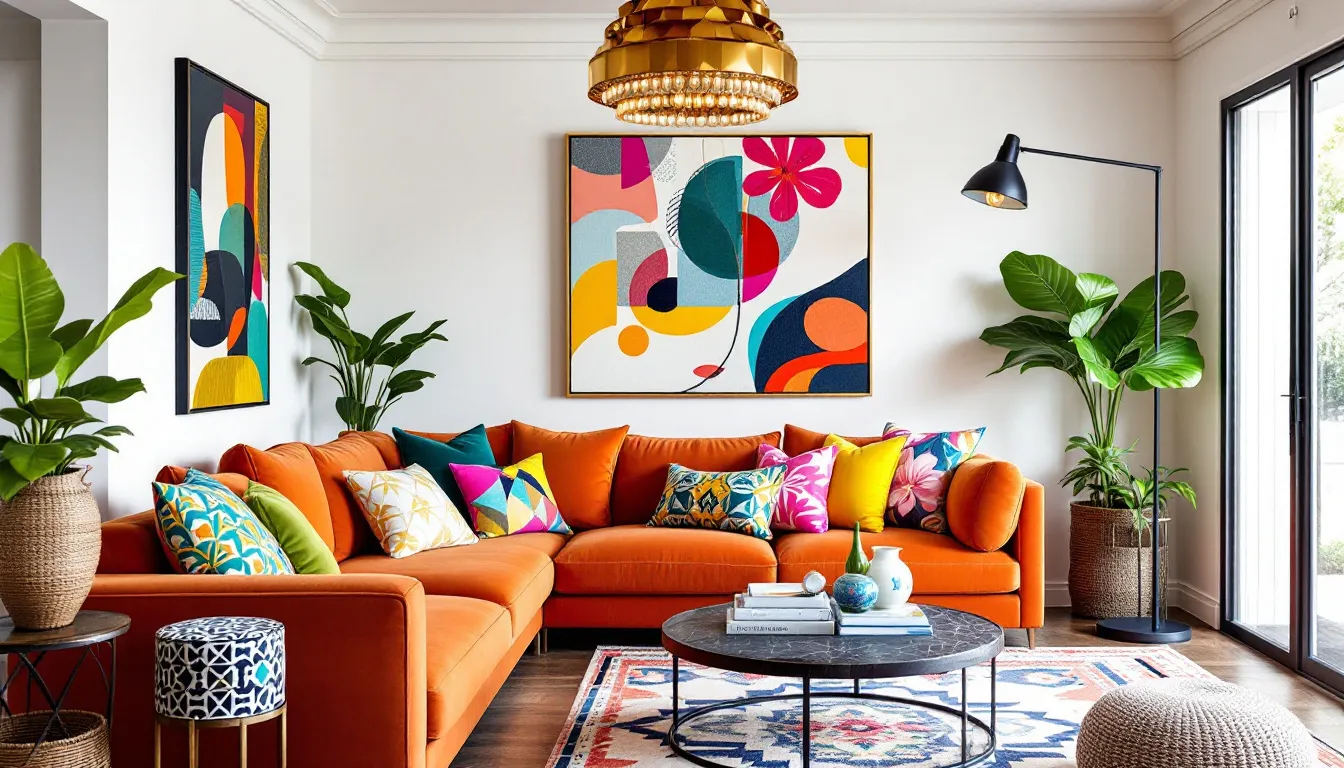 Colorful art and accessories enhancing a vibrant living area.