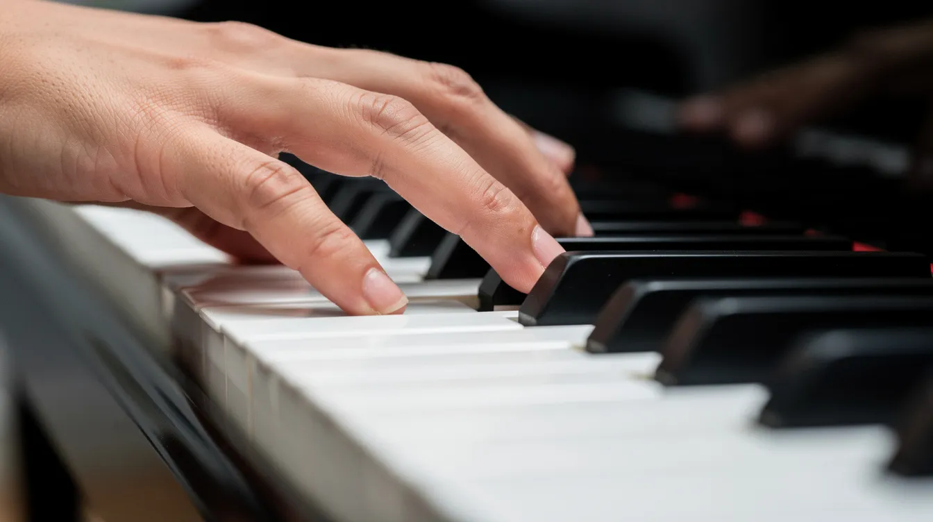 Nahaufnahme von Händen, die auf einem Klavier einen C-Dur-Akkord greifen, wobei die weißen und schwarzen Tasten deutlich sichtbar sind. Die Finger sind auf den Tönen C, E und G platziert, die zusammen einen harmonischen Klang erzeugen.