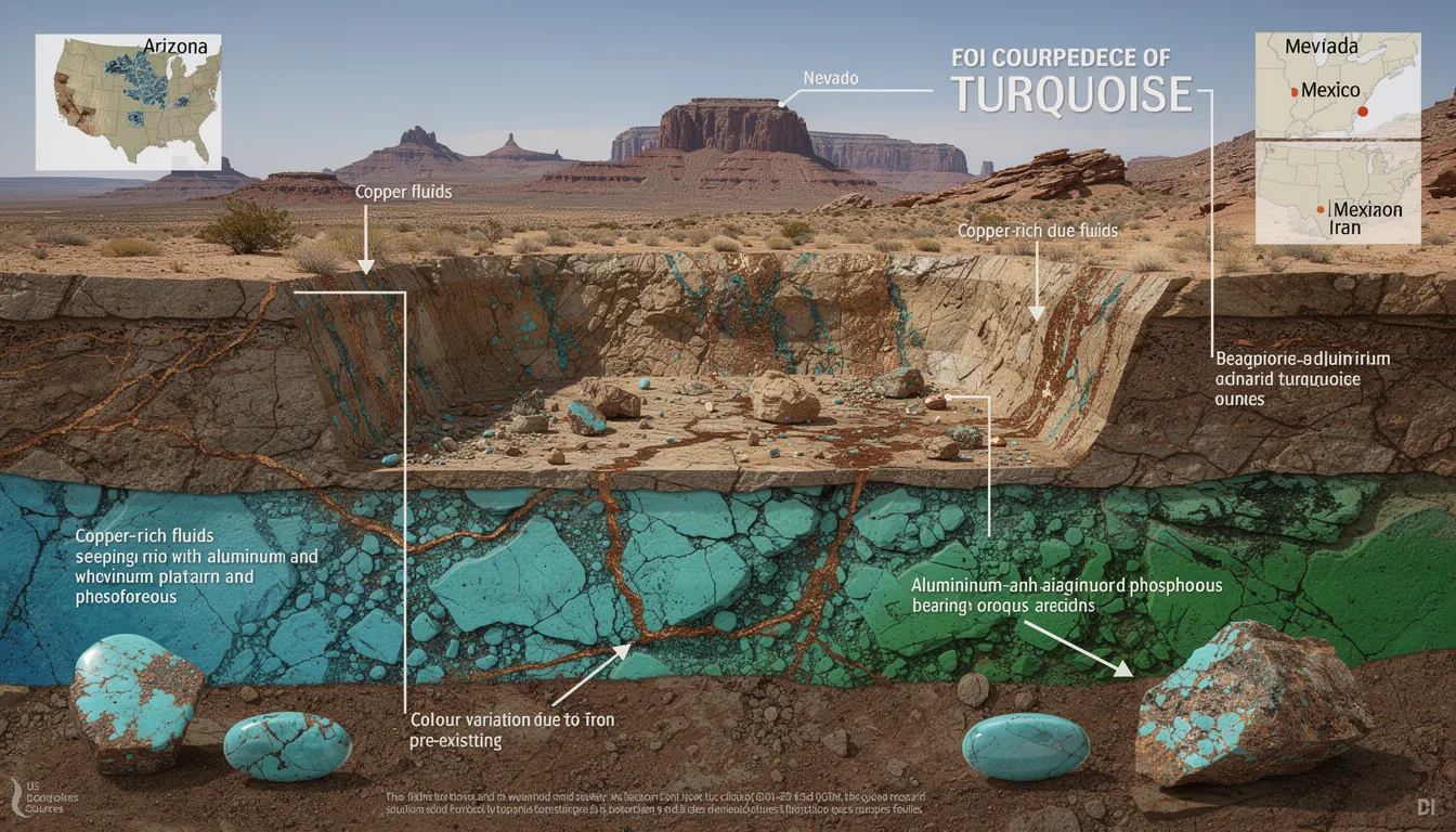 The image depicts a stunning piece of turquoise stone, showcasing its vibrant blue and green hues, which are a result of copper and iron content in the earth. This beautiful gemstone, often used in jewellery such as earrings and bracelets, highlights the geological formation process that occurs in arid regions like Arizona and Mexico.