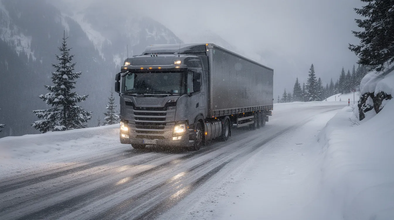 A large semi truck is navigating a snowy mountain highway, with heavy snowfall reducing visibility. This scene highlights the challenges faced by truck drivers in adverse weather conditions, which can lead to serious truck accidents and potential truck accident claims.