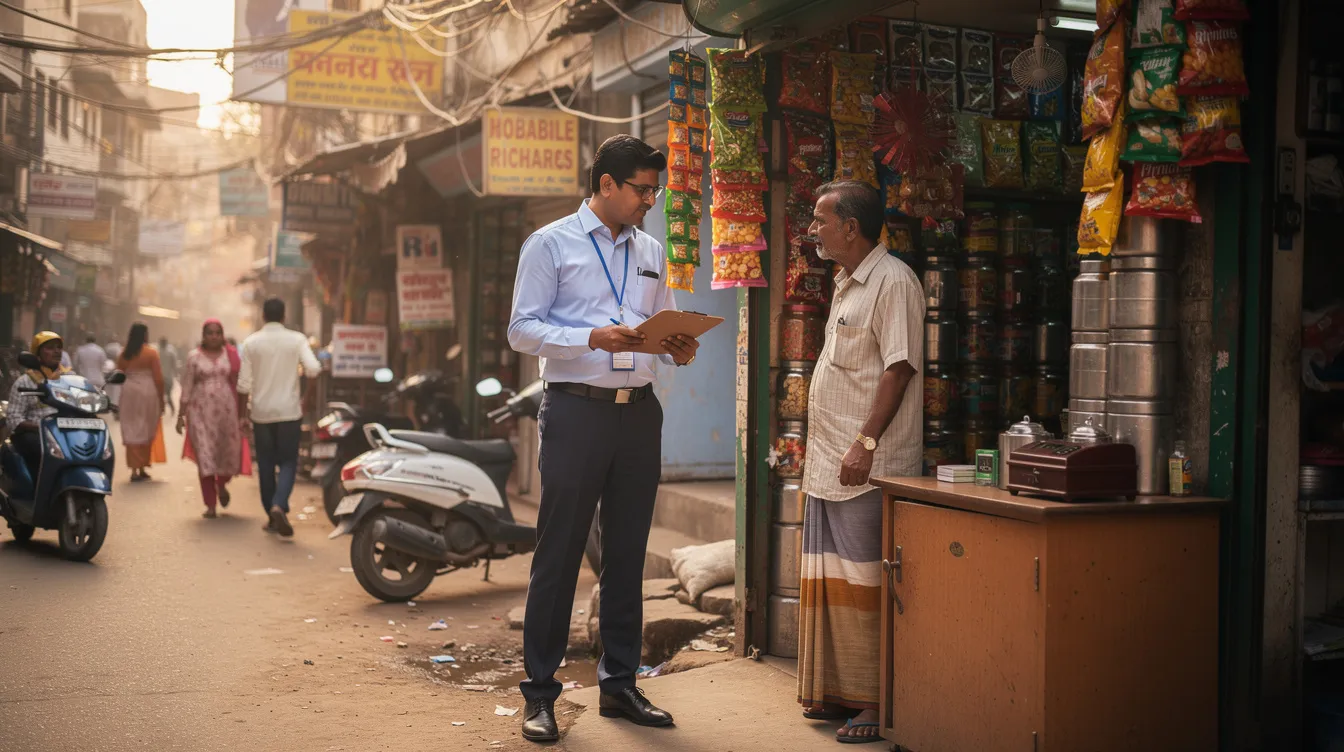 A bank officer holds a clipboard while visiting a small shop in an Indian market area, likely assessing the business for eligibility in the mudra loan scheme. The officer is checking the shop's financial documents and previous loans to ensure the owner has a satisfactory credit track record for potential financial assistance.