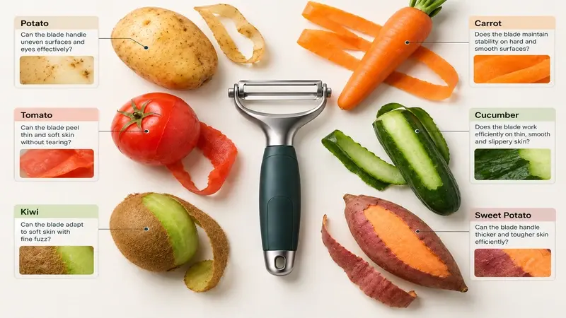 Test foods arranged beside a Y peeler, with the structural question assigned to each ingredient.