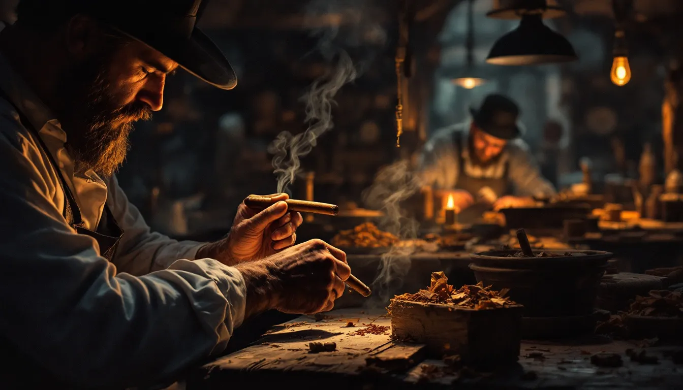 A blurred view of the craftsmanship process behind Romeo y Julieta cigars at a factory.