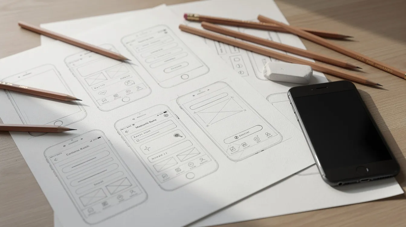 Des croquis de maquettes d'interface mobile sur papier, à côté d'un smartphone.