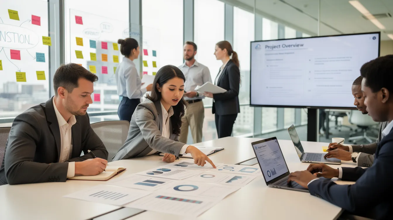 A diverse team of professionals is collaborating on business documents, discussing various aspects of invoicing software and payment tracking. They are focused on creating professional invoices and managing customer relationships to ensure timely payments and efficient cash flow for their small businesses.