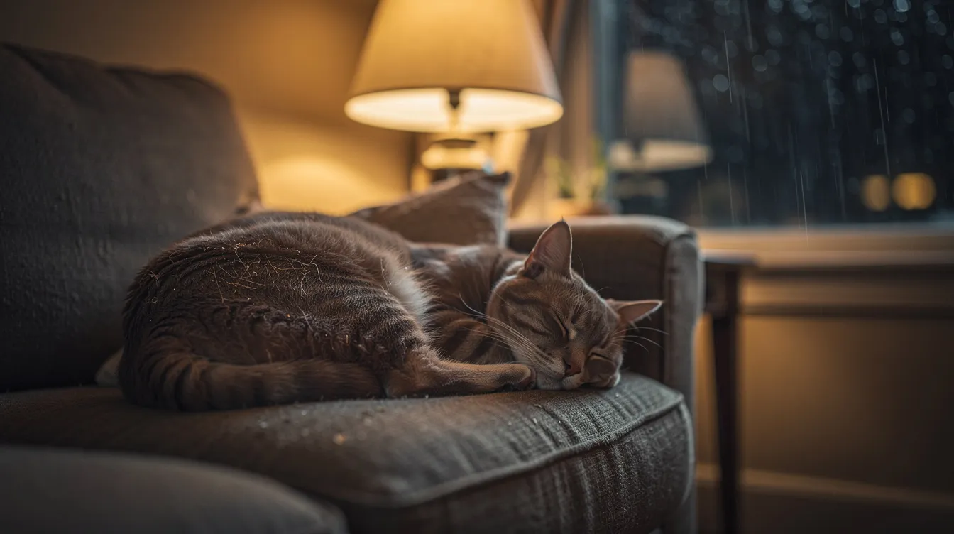 A peaceful cat is curled up and sleeping on a cozy couch cushion, bathed in warm lamplight, after a rainstorm has passed. This serene scene highlights the importance of creating a safe space for pets, helping them remain calm when loud noises like thunder or fireworks begin.
