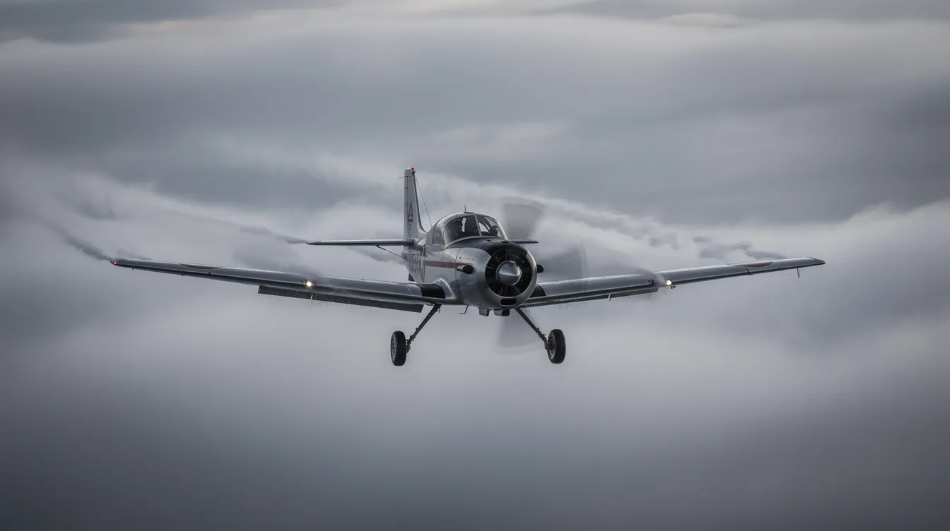 A small aircraft is flying through dense grey clouds, with visible moisture surrounding it. The scene highlights the importance of the aircraft's pitot static system, which includes critical instruments like the airspeed indicator and vertical speed indicator, essential for safe navigation in such conditions.