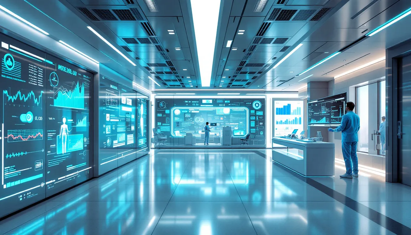 The image depicts a futuristic healthcare facility equipped with advanced data visualization and monitoring systems, showcasing healthcare professionals analyzing patient data. The environment emphasizes the importance of data collection methods and high-quality data to enhance patient care and health outcomes.