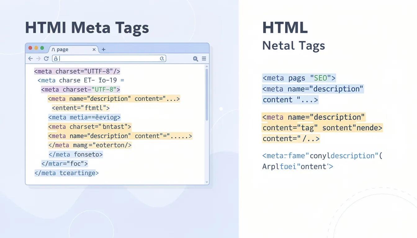 The image illustrates a diagram of HTML meta tags, highlighting their placement within the head section of a web page's source code. It emphasizes the role of various meta tags, such as the meta description tag and title tag, in informing search engines about the page’s content and enhancing SEO performance.