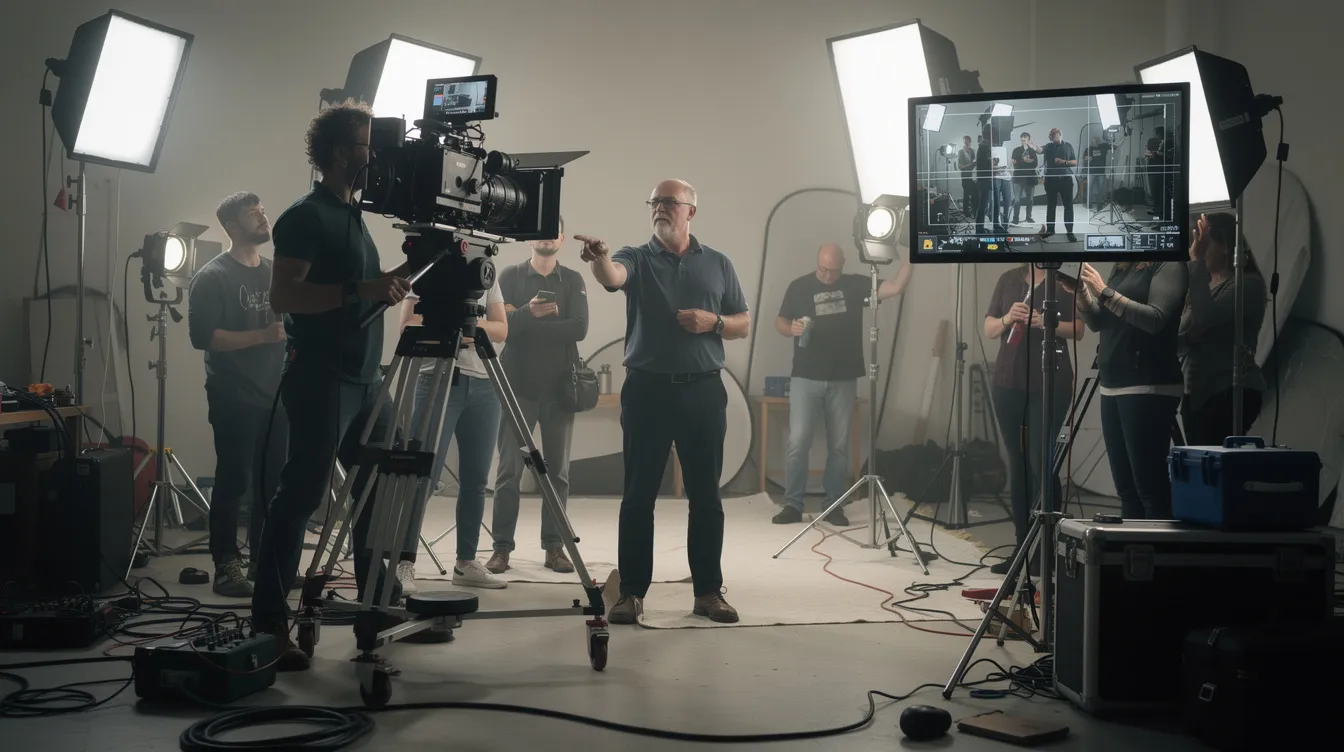 Auf dem Filmset gibt der Regisseur Anweisungen, während eine Kamera auf einem Stativ positioniert ist und ein Monitor die Szene zeigt. Umgeben von Scheinwerfern und Ausrüstung arbeiten die Personen daran, die richtige Einstellungsgröße und Bildkomposition für die Aufnahme zu erreichen.