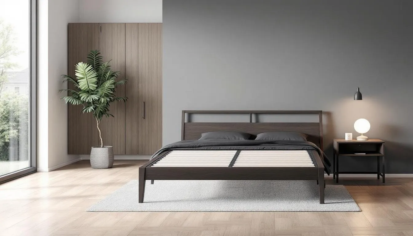 The image features a modern double bed frame positioned in a contemporary bedroom setting, showcasing clean lines and a light grey colour. This stylish double bed is complemented by bedside tables, creating a cozy atmosphere perfect for two adults to sleep comfortably.