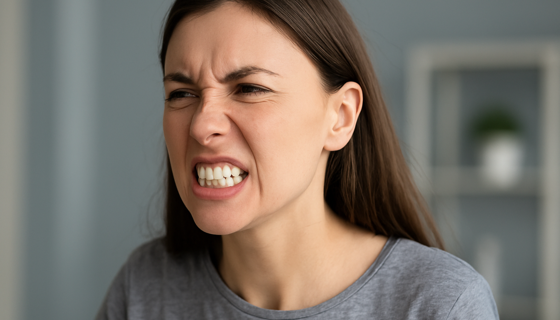 Ung kvinne med sammenbitte tenner og anspent uttrykk som kan tyde på behov for justering av bitt.