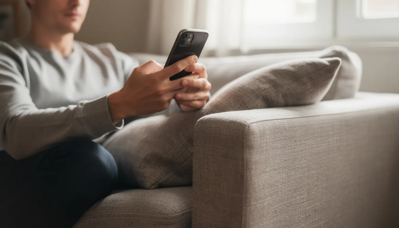 En person sitter på en soffa och håller i en smartphone, troligtvis för att spela på ett online casino som Yeti Casino. Mobilen visar en app med olika spel och bonusar, vilket ger en känsla av spänning och underhållning.