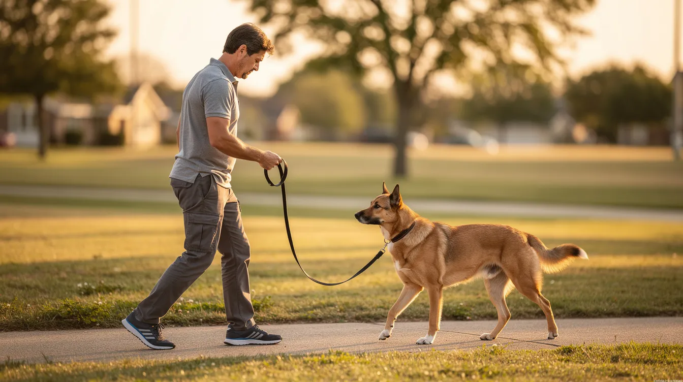 The image depicts a person gently guiding a rescue dog on a loose leash during a training session in a park, demonstrating the principles of loose leash walking. The dog appears calm and focused, with leash slack indicating a relaxed and effective walking technique.