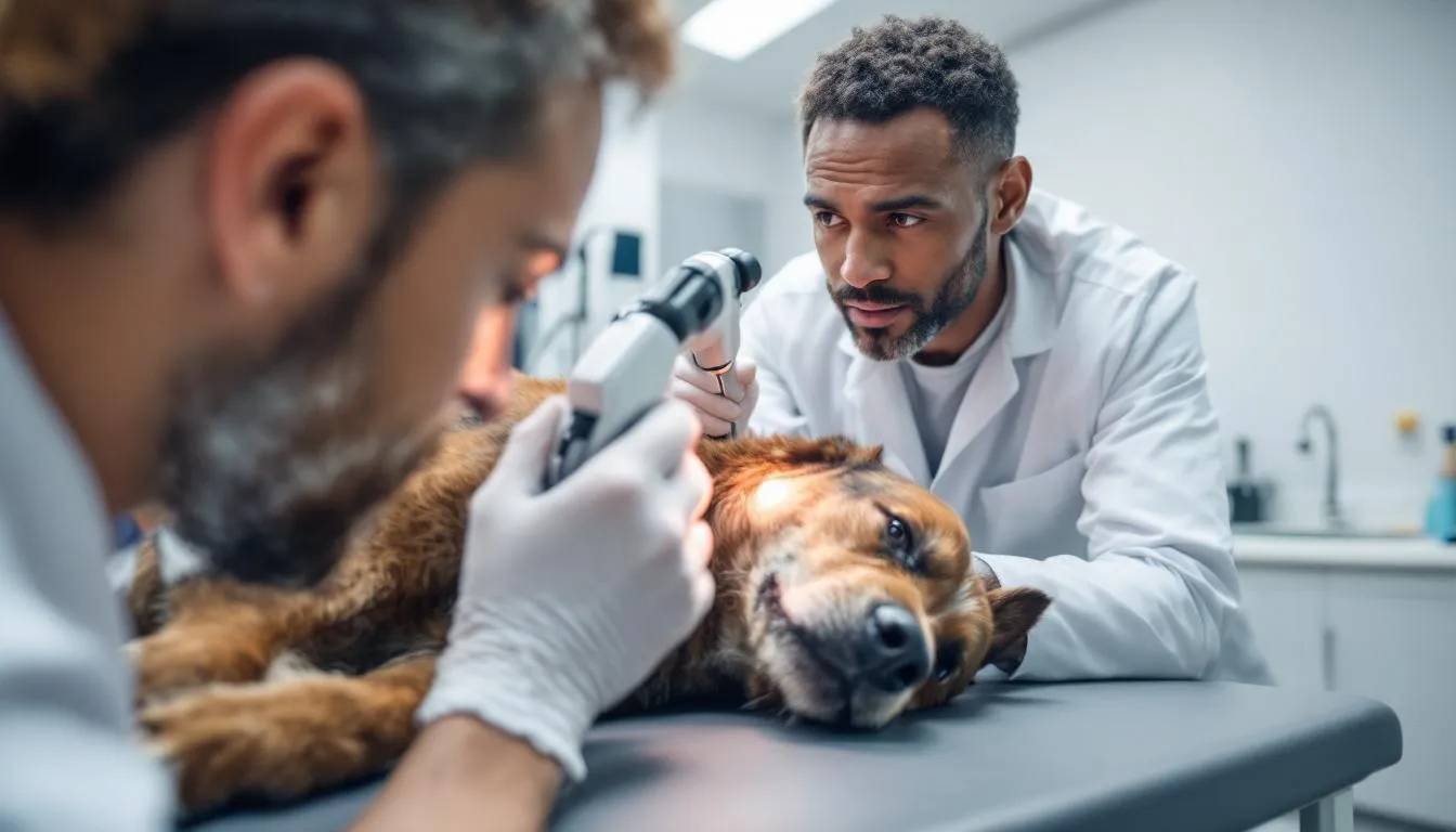 A veterinarian is carefully examining a dog
