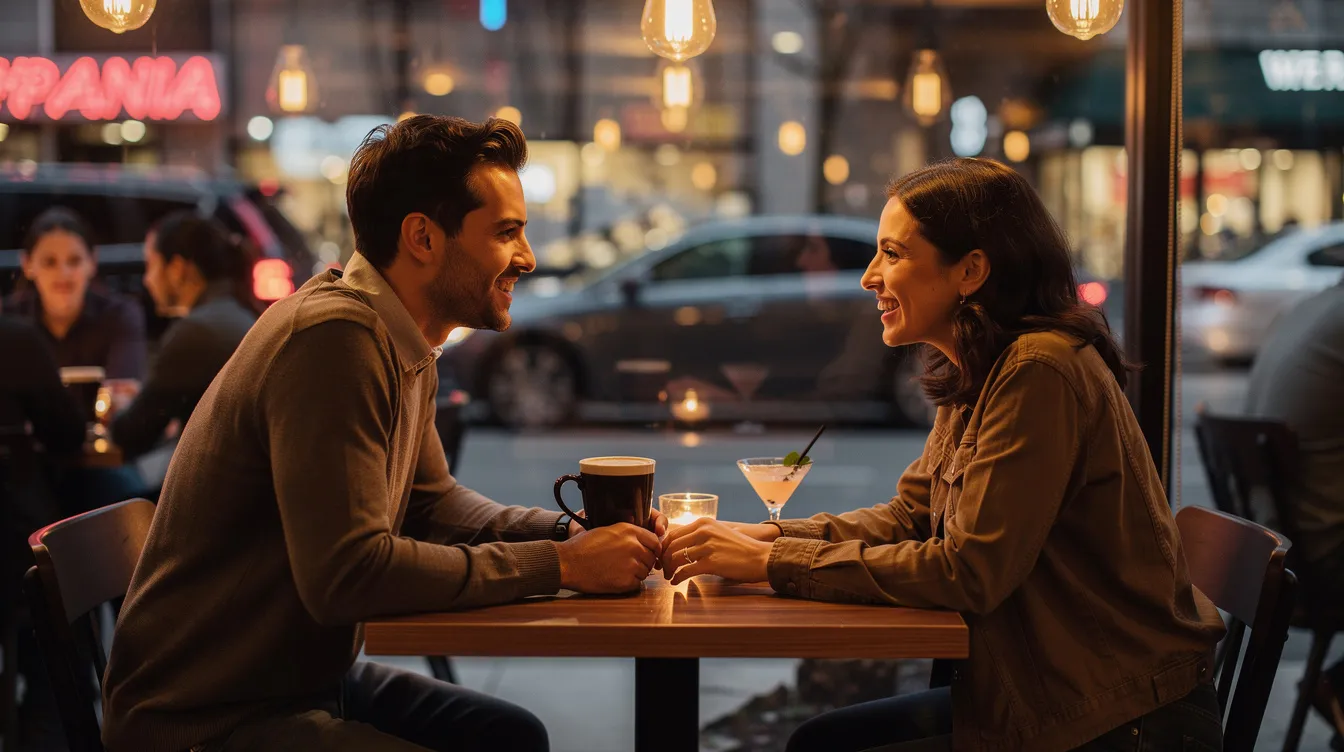 The image depicts a romantic couple sitting together at a cozy café, engaged in a deep conversation as they explore their compatibility through a love compatibility calculator. They are smiling and appear to be enjoying each other's company, highlighting the fun and entertaining aspect of discovering their love percentages and shared interests.