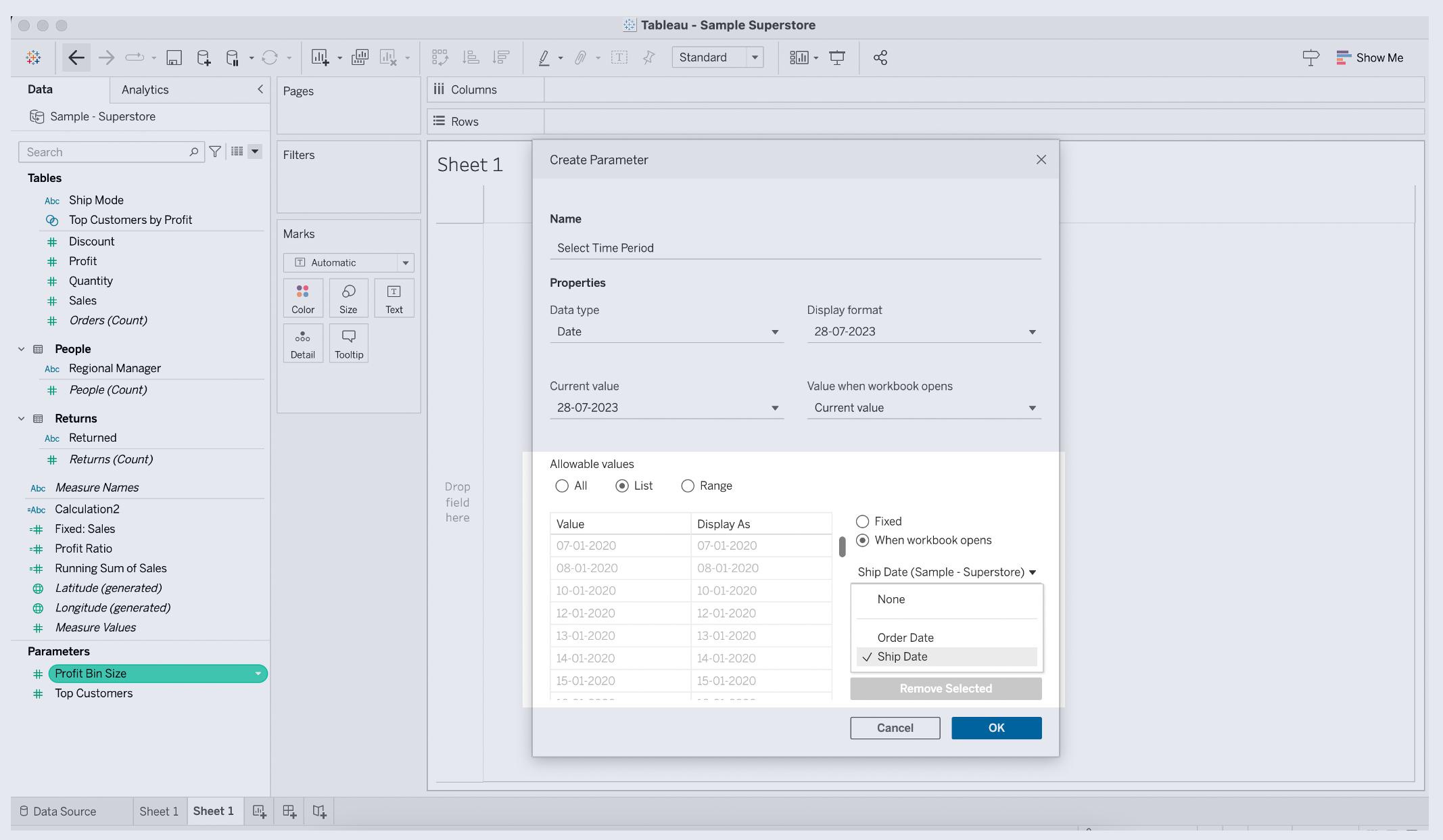 Predefine parameter values in the form of list