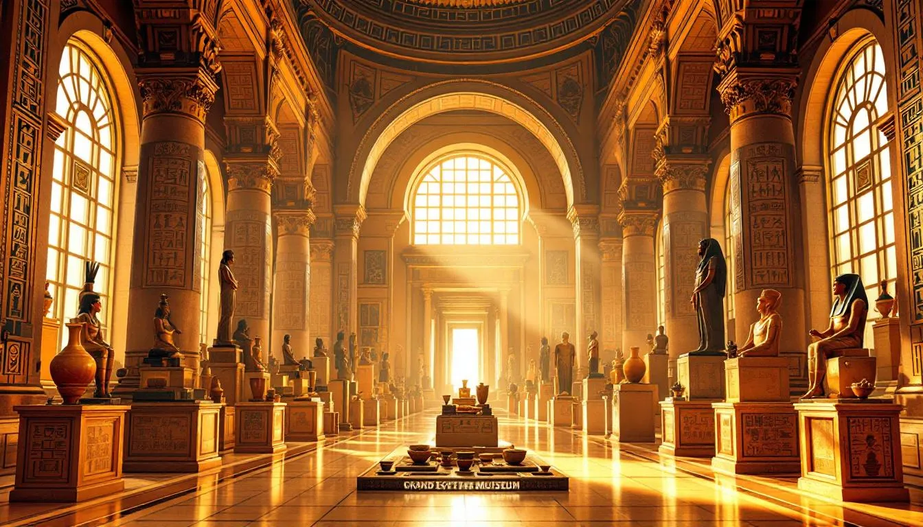Inside the Grand Egyptian Museum showcasing ancient artifacts.