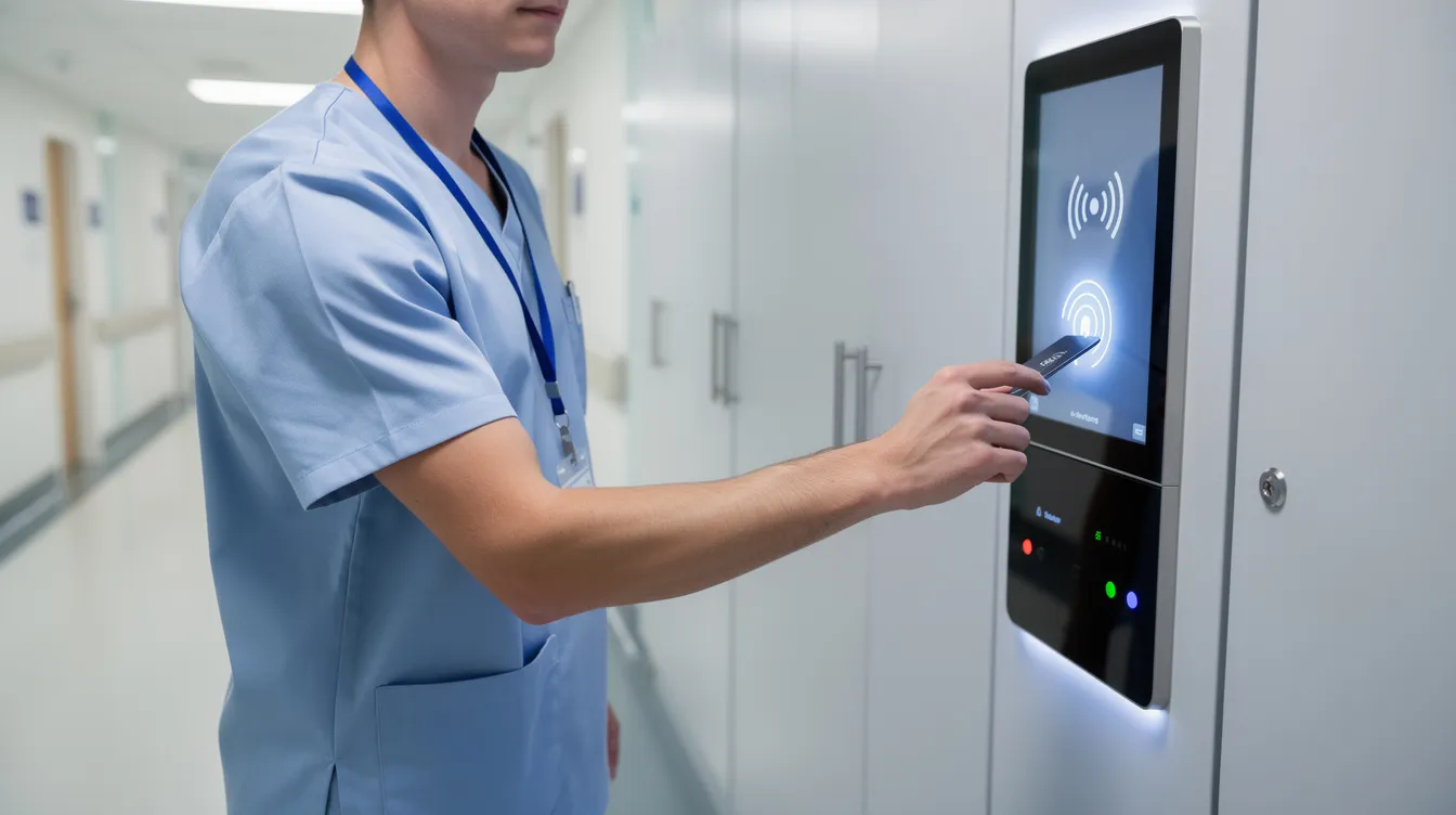 A person is tapping an RFID badge on a smart locker panel located in a hospital corridor, demonstrating the use of a smart locker system for secure storage and self-service access to personal belongings. This image highlights the integration of access control systems in high-traffic areas like healthcare facilities for efficient package delivery and retrieval.