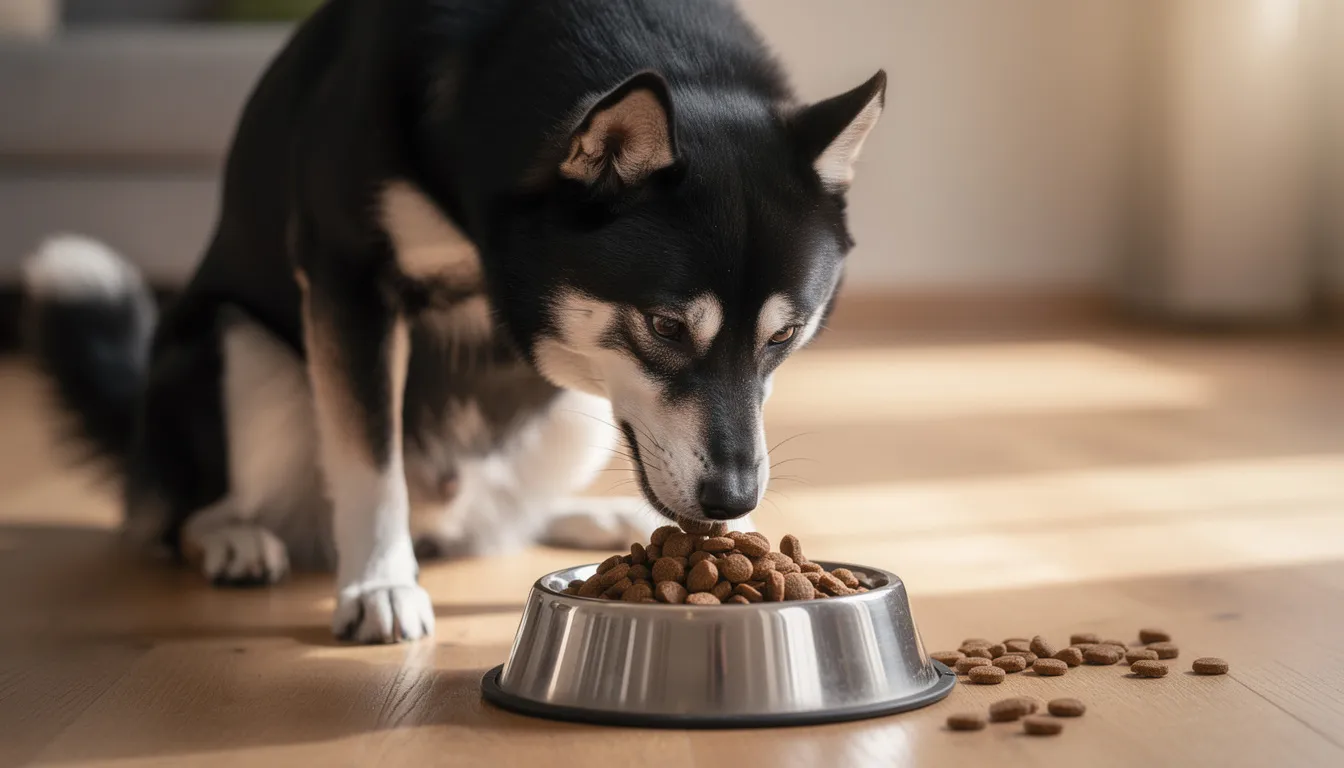 A purebred Karelian Bear Dog with a dense black coat and distinctive white markings is happily eating high-quality kibble from a dog bowl. This fearless and self-confident breed is known for its protective nature and excellent companionship, making it a beloved choice among dog owners.