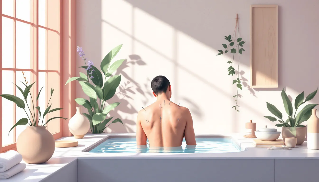 An artistic representation showing the connection between cold plunges and acupuncture.