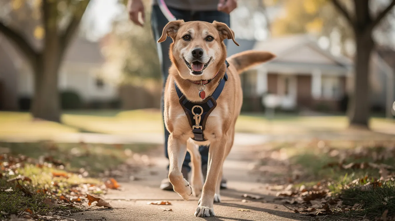A medium-sized dog is wearing a well-fitted front-clip harness during an outdoor walk, with the harness securely adjusting around the dog's chest and neck. The dog's movement is confident and comfortable, showcasing how a properly fitted dog harness can enhance the walking experience for both the pup and the owner.