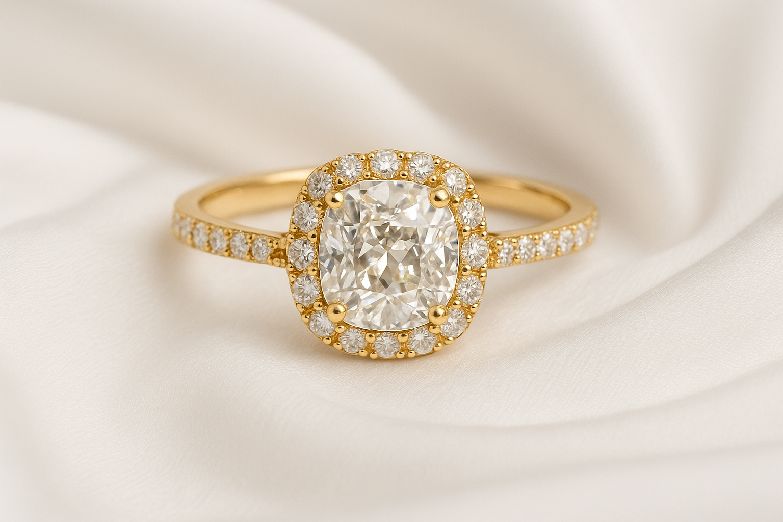 sukurk vaizda - Sužadėtuvių žiedas su Old Mine deimantu Prompt: 18k yellow gold vintage-style engagement ring with an Old Mine cut diamond in the center, surrounded by small round diamonds in a delicate halo setting, photographed on a white silk background, 600x400 px. Alt tekstas: Geltono aukso sužadėtuvių žiedas su senovinės formos Old Mine deimantu ir halo briliantais.