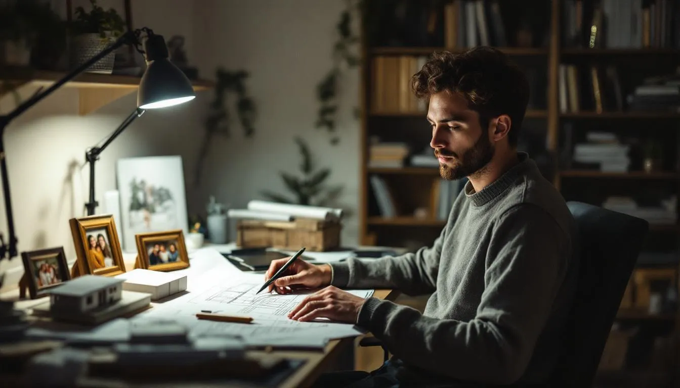 An adult architecture student is working late at a desk, surrounded by architectural models and family photos, reflecting their commitment to advancing their education and skills in the field of architecture. The scene captures the balance between personal life and the challenges of pursuing a career in architecture.