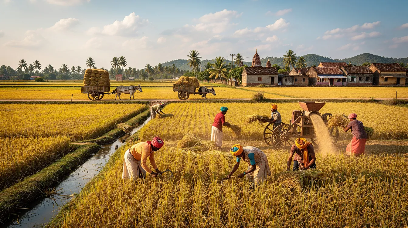 48ff7f80 a6cb 45a5 99c2 7f15ad4e40fd The image depicts golden paddy fields in rural India, bustling with harvesting activity as farmers gather rice grains. This scene highlights the traditional method of rice cultivation, which is integral to the puffed rice industry and the production of popular street food such as bhel puri.