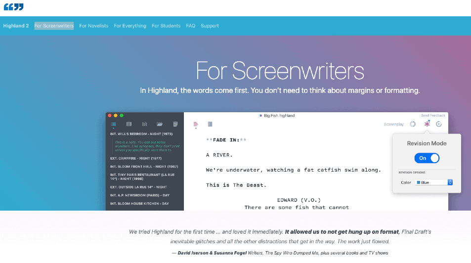 Highland 2 Screenwriter Script writing software - overview