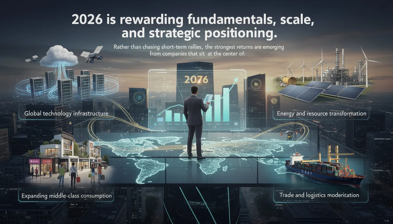 The image illustrates the key sectors driving growth in 2026, focusing on global technology infrastructure, energy transformation, and expanding middle-class consumption. It emphasizes the importance of strategic partnerships and regional civil society leaders in navigating the complexities of the current strategic decade, particularly in relation to the US-Australia alliance and managing China's rising power.