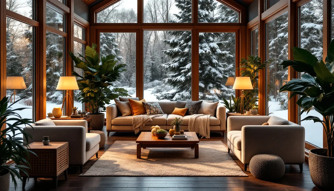 Dans l'image, un solarium 4 saisons est aménagé avec du mobilier confortable et des plantes vertes, créant un espace chaleureux et accueillant en hiver. La lumière naturelle pénètre à travers les grandes fenêtres, offrant une ambiance agréable pour profiter de la vie à l'intérieur de cette véranda.