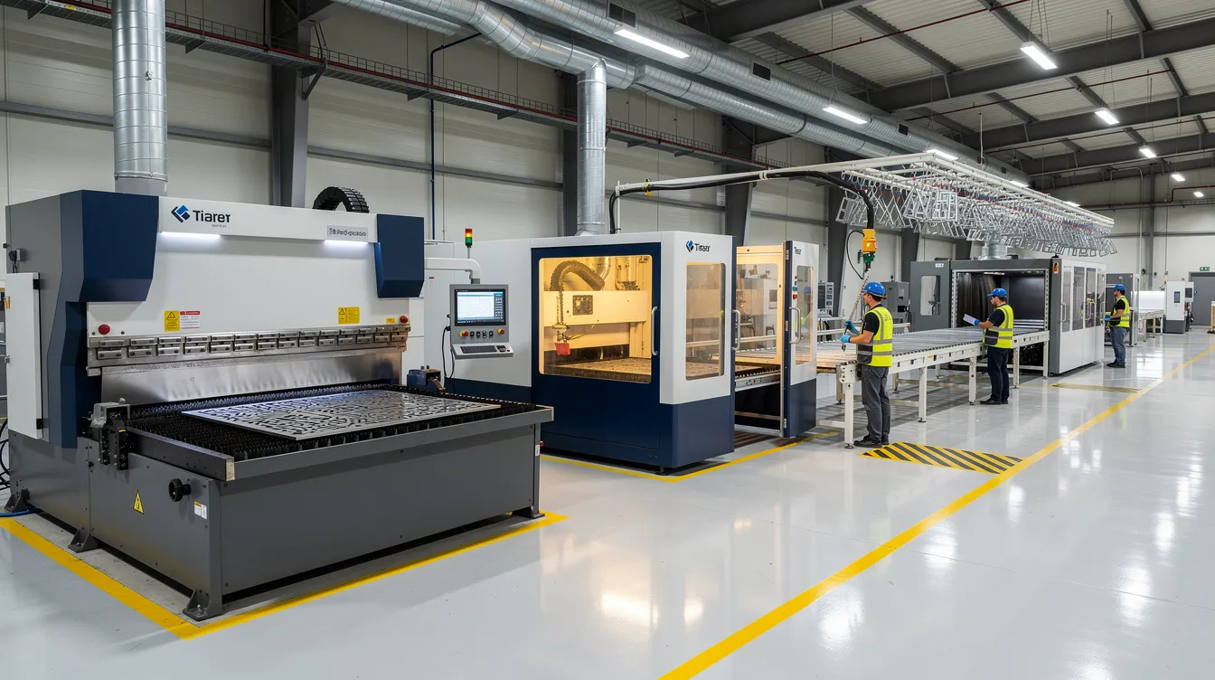 The image depicts a modern factory floor featuring a CNC press brake, a laser cutting machine, and a powder coating booth arranged sequentially along a production line, showcasing the automated processes used for bending sheet metal and producing precise sheet metal parts. The layout emphasizes the efficiency of the bending process and the use of advanced machinery for creating components with tight tolerances.